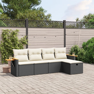 5 Piece Garden Sofa Set with Cushions Black Poly Rattan