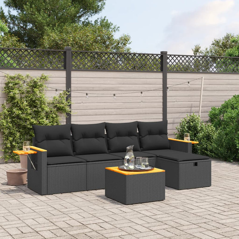 6 Piece Garden Sofa Set with Cushions Black Poly Rattan