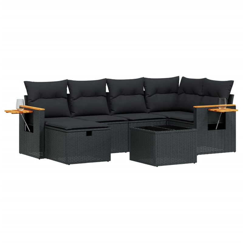 7 Piece Garden Sofa Set with Cushions Black Poly Rattan