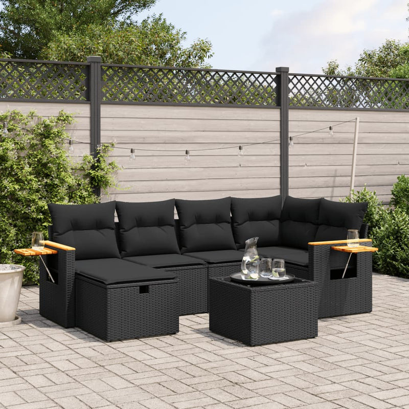 7 Piece Garden Sofa Set with Cushions Black Poly Rattan