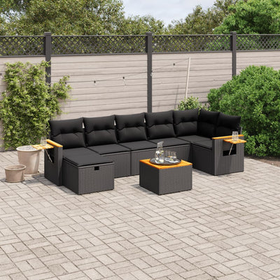 8 Piece Garden Sofa Set with Cushions Black Poly Rattan