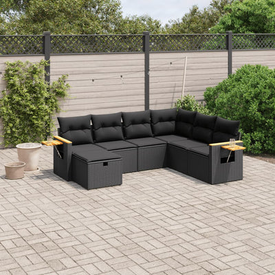 7 Piece Garden Sofa Set with Cushions Black Poly Rattan