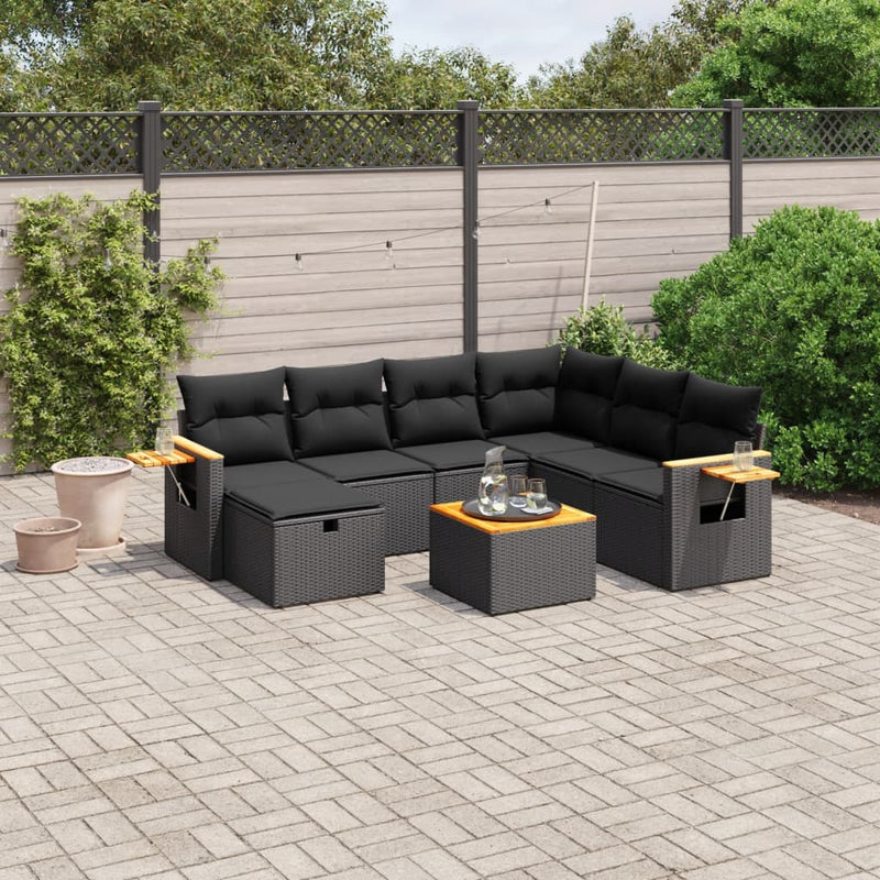 8 Piece Garden Sofa Set with Cushions Black Poly Rattan