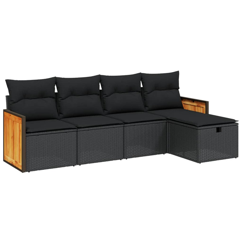 5 Piece Garden Sofa Set with Cushions Black Poly Rattan