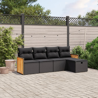 5 Piece Garden Sofa Set with Cushions Black Poly Rattan