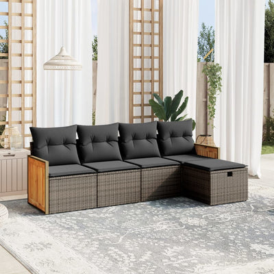 5 Piece Garden Sofa Set with Cushions Grey Poly Rattan