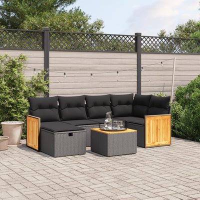 7 Piece Garden Sofa Set with Cushions Black Poly Rattan