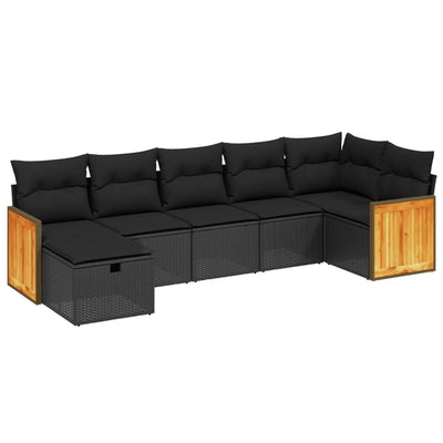 7 Piece Garden Sofa Set with Cushions Black Poly Rattan