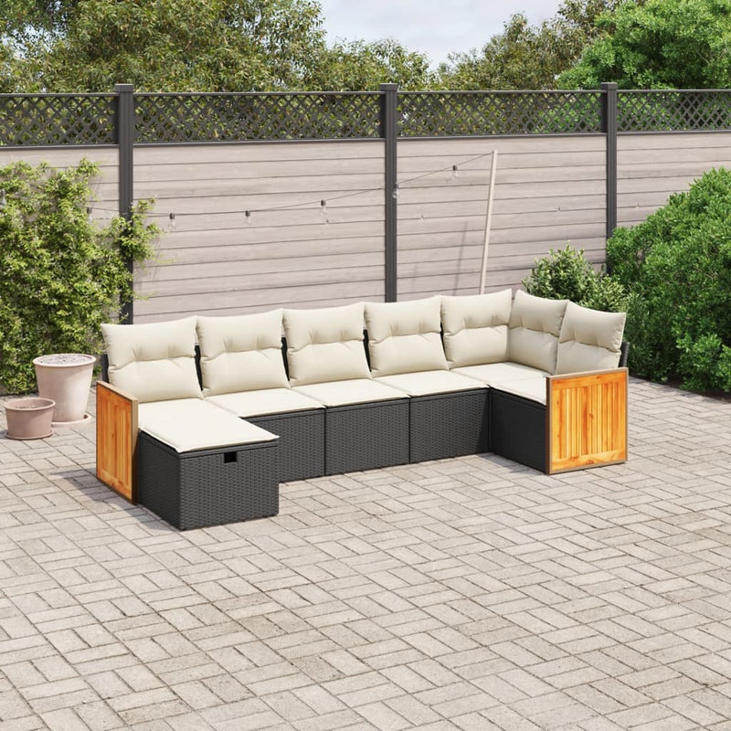 7 Piece Garden Sofa Set with Cushions Black Poly Rattan