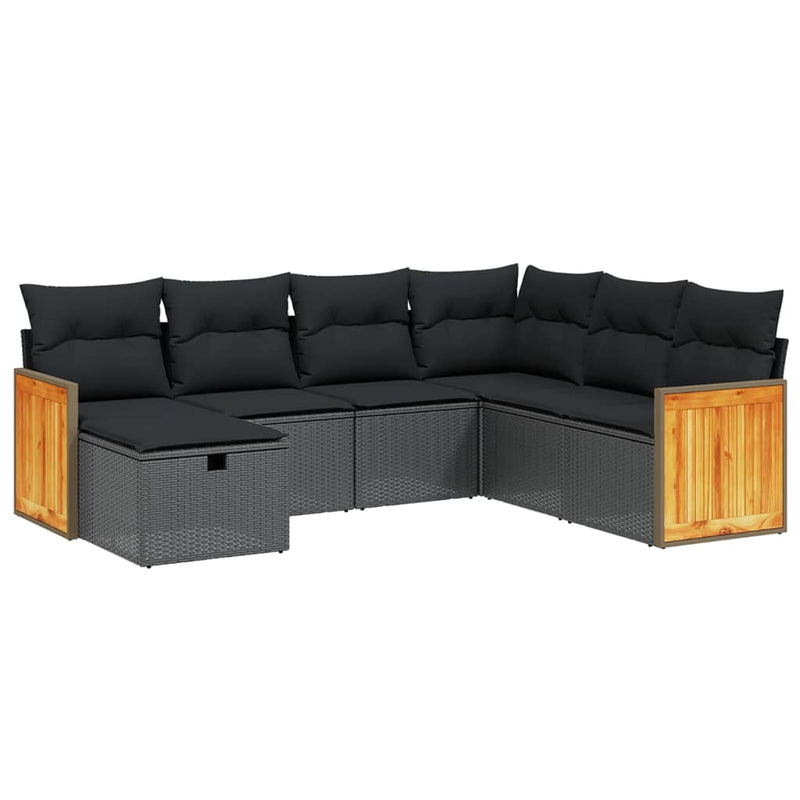 7 Piece Garden Sofa Set with Cushions Black Poly Rattan