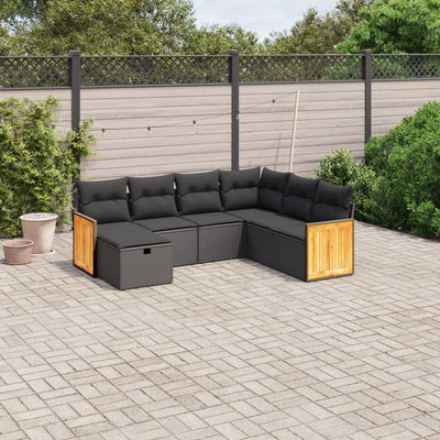 7 Piece Garden Sofa Set with Cushions Black Poly Rattan