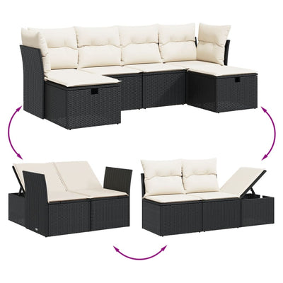 6 Piece Garden Sofa Set with Cushions Black Poly Rattan