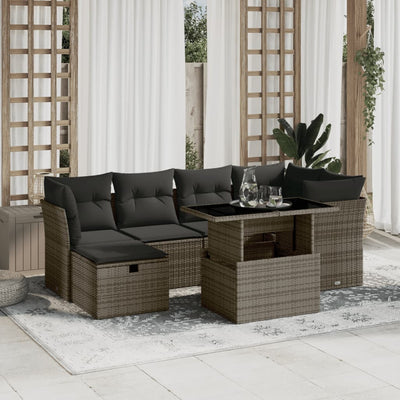 7 Piece Garden Sofa Set with Cushions Grey Poly Rattan