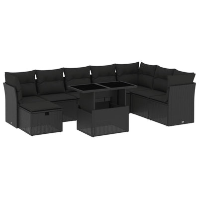 9 Piece Garden Sofa Set with Cushions Black Poly Rattan