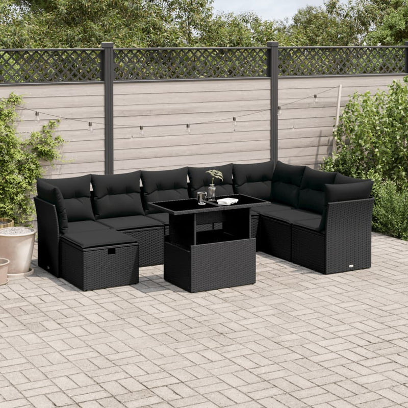 9 Piece Garden Sofa Set with Cushions Black Poly Rattan