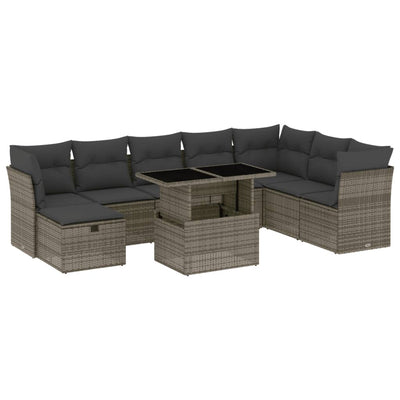 9 Piece Garden Sofa Set with Cushions Grey Poly Rattan