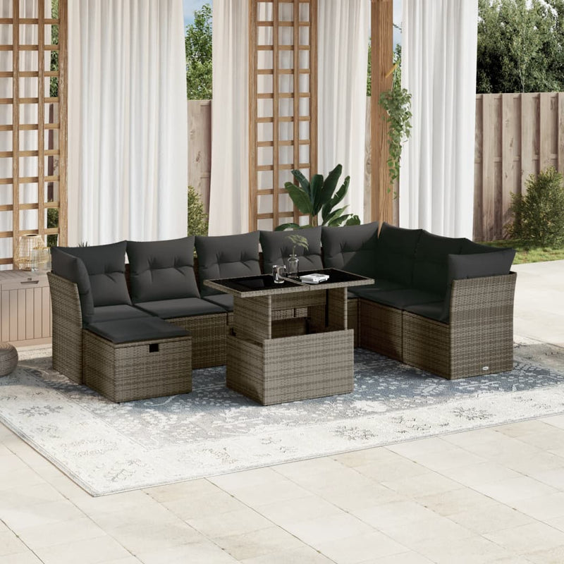 9 Piece Garden Sofa Set with Cushions Grey Poly Rattan