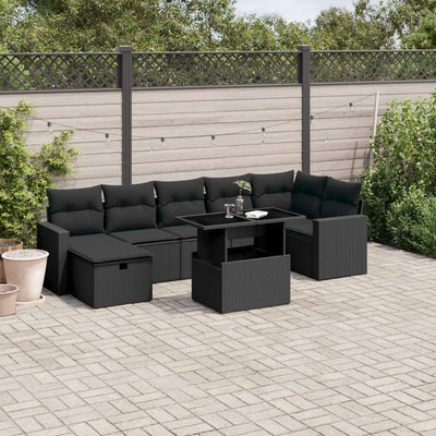 8 Piece Garden Sofa Set with Cushions Black Poly Rattan