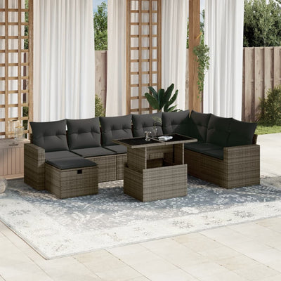 9 Piece Garden Sofa Set with Cushions Grey Poly Rattan