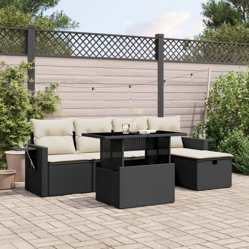 6 Piece Garden Sofa Set with Cushions Black Poly Rattan