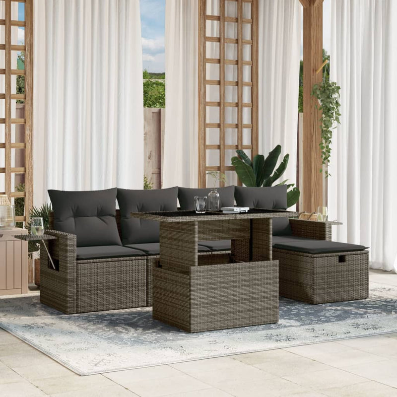 6 Piece Garden Sofa Set with Cushions Grey Poly Rattan