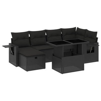 7 Piece Garden Sofa Set with Cushions Black Poly Rattan