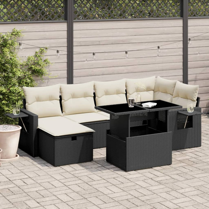 7 Piece Garden Sofa Set with Cushions Black Poly Rattan