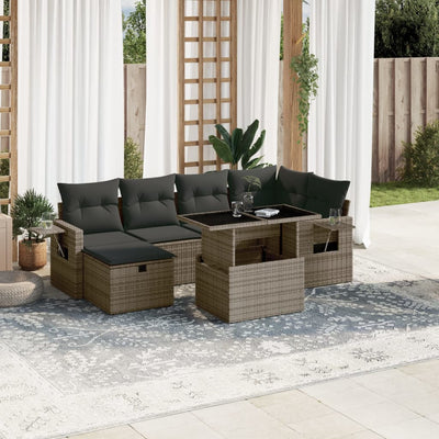 7 Piece Garden Sofa Set with Cushions Grey Poly Rattan