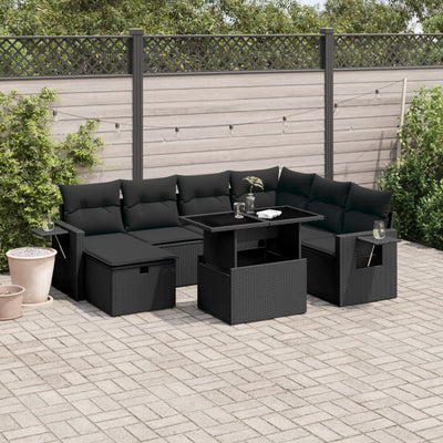 8 Piece Garden Sofa Set with Cushions Black Poly Rattan