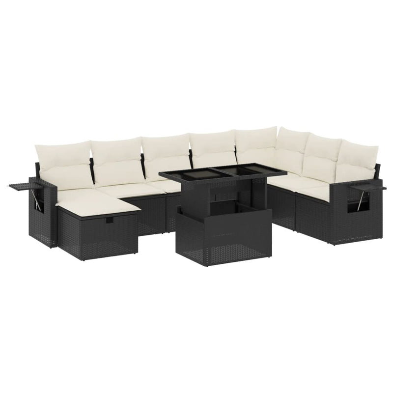 9 Piece Garden Sofa Set with Cushions Black Poly Rattan