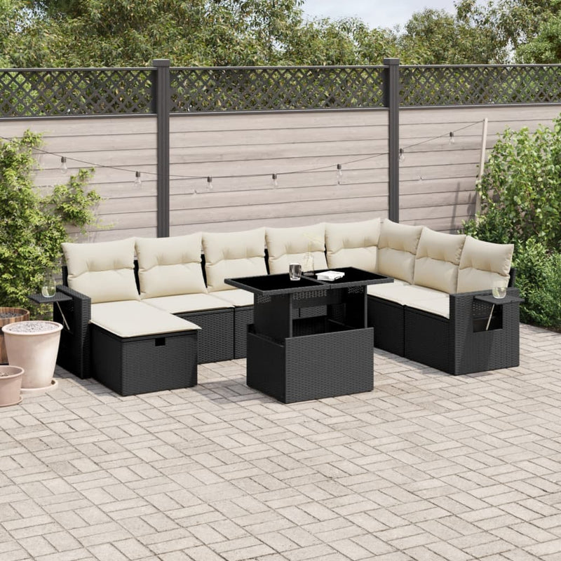 9 Piece Garden Sofa Set with Cushions Black Poly Rattan