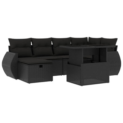 7 Piece Garden Sofa Set with Cushions Black Poly Rattan