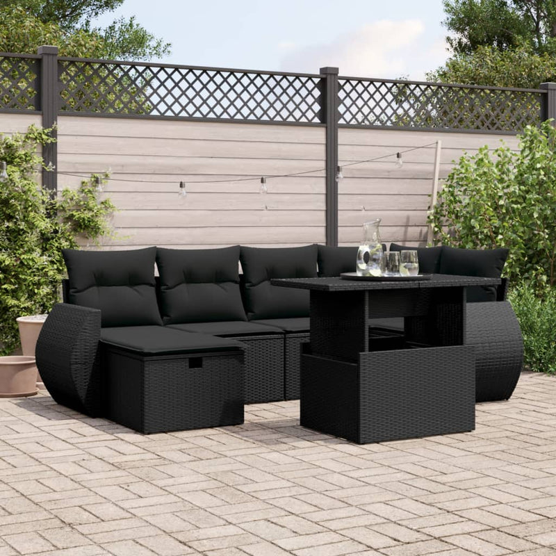 7 Piece Garden Sofa Set with Cushions Black Poly Rattan