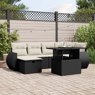 7 Piece Garden Sofa Set with Cushions Black Poly Rattan