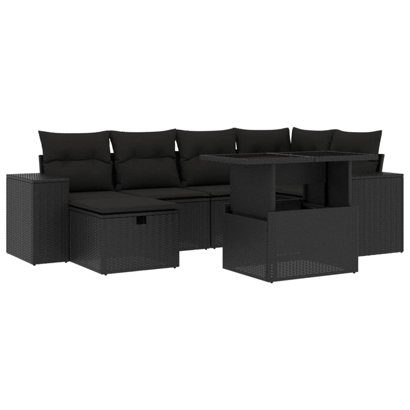 7 Piece Garden Sofa Set with Cushions Black Poly Rattan