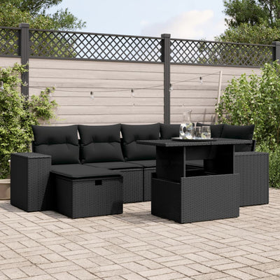 7 Piece Garden Sofa Set with Cushions Black Poly Rattan