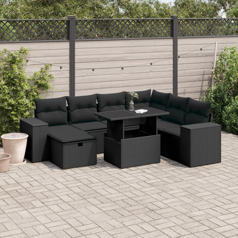 8 Piece Garden Sofa Set with Cushions Black Poly Rattan