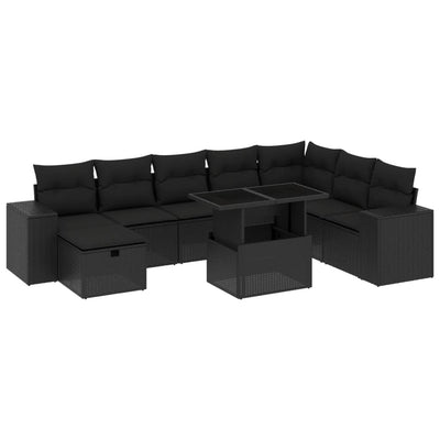 9 Piece Garden Sofa Set with Cushions Black Poly Rattan