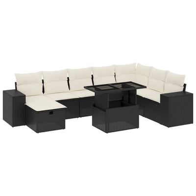 9 Piece Garden Sofa Set with Cushions Black Poly Rattan