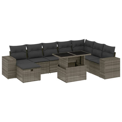 9 Piece Garden Sofa Set with Cushions Grey Poly Rattan