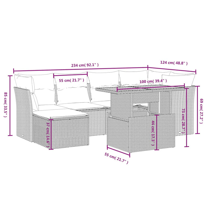 7 Piece Garden Sofa Set with Cushions Grey Poly Rattan