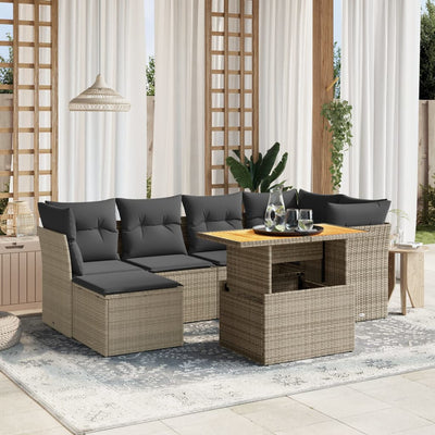 7 Piece Garden Sofa Set with Cushions Grey Poly Rattan