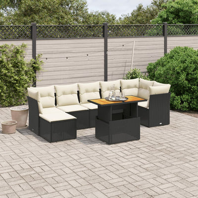 8 Piece Garden Sofa Set with Cushions Black Poly Rattan