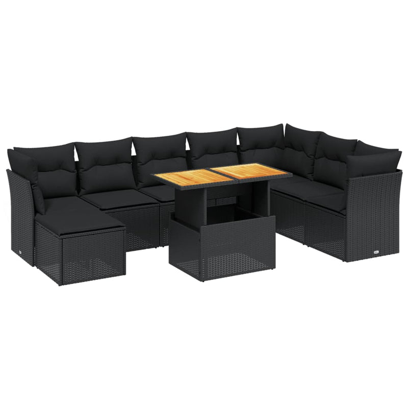 9 Piece Garden Sofa Set with Cushions Black Poly Rattan