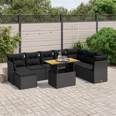 9 Piece Garden Sofa Set with Cushions Black Poly Rattan