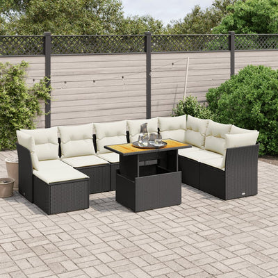 9 Piece Garden Sofa Set with Cushions Black Poly Rattan