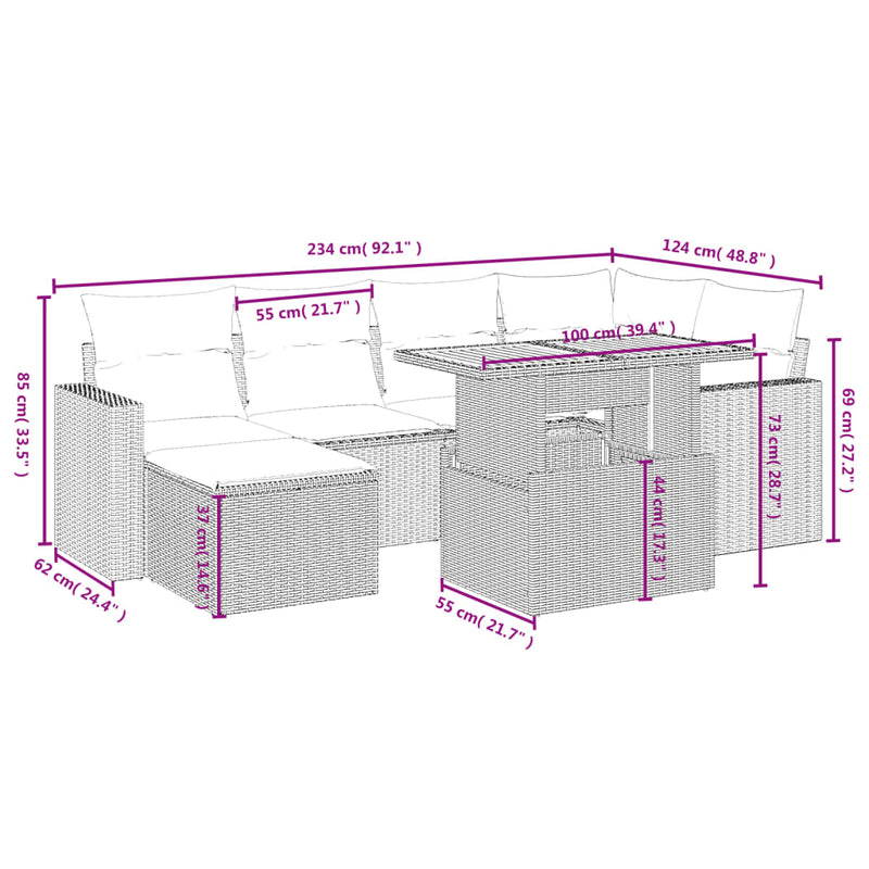 7 Piece Garden Sofa Set with Cushions Grey Poly Rattan