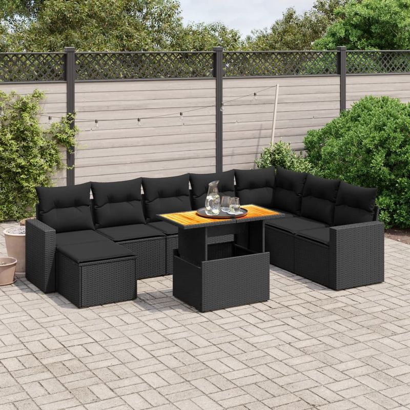 9 Piece Garden Sofa Set with Cushions Black Poly Rattan