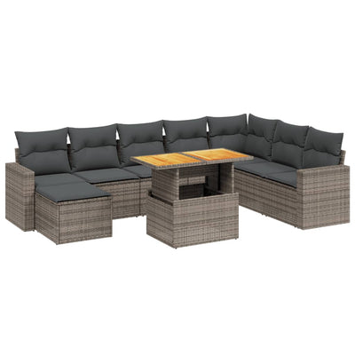 9 Piece Garden Sofa Set with Cushions Grey Poly Rattan