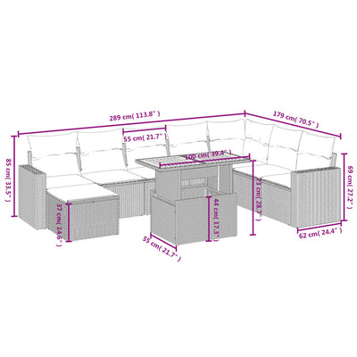 9 Piece Garden Sofa Set with Cushions Grey Poly Rattan